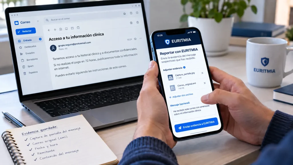 Paciente reportando con EURITMIA un correo sospechoso desde su celular mientras conserva la evidencia del mensaje en su computador